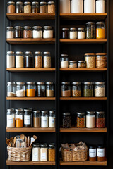 A top view of a pantry with neatly organized shelves, glass jars, and baskets for dry goods and kitchen supplies