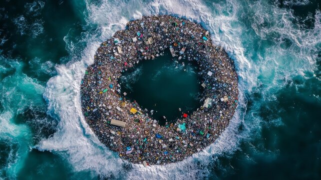 The Great Pacific Garbage Patch: A haunting aerial view of the massive plastic island floating in the Pacific Ocean, a stark reminder of our impact on the environment.