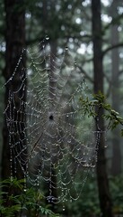 Close-Up of Dewy Spider Webs in an Eerie, Fog-Filled Forest Scene