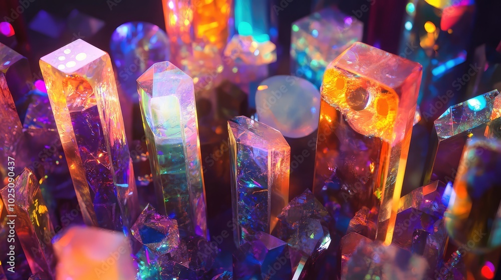 Poster an artistic representation of various glass types under a microscope, with colorful lights illuminat