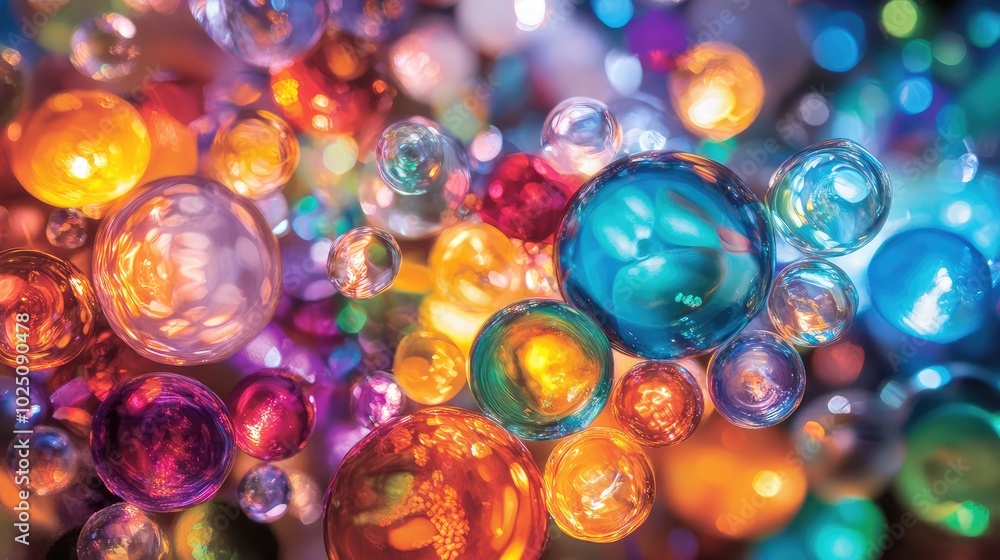 Poster an artistic representation of various glass types under a microscope, with colorful lights illuminat