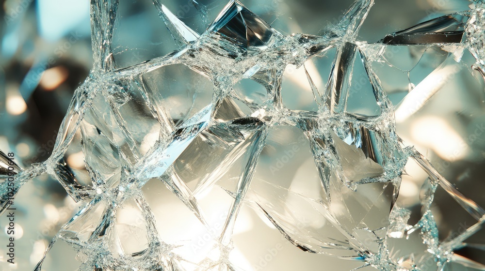 Poster an artistic shot of a broken glass crystal, with sharp shards reflecting light and creating dynamic 