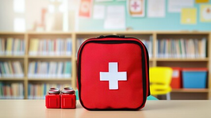 A first aid kit sits on a table in a school environment, highlighting safety and preparedness in educational spaces.