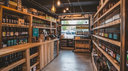 Fototapeta premium A well-stocked craft beer store with wooden shelves and a rustic ambiance.