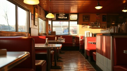 Empty Booths in a Retro Diner with Red Leather Seats and a Checkered Floor