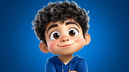 Fototapeta premium Happy Boy Character with Curly Hair on Blue Background