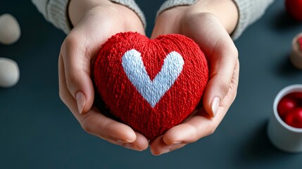 Obraz premium Hand Holding Knitted Heart on Dark Background