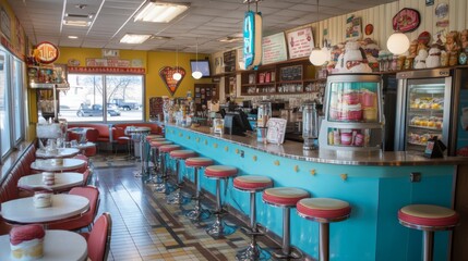 Fototapeta premium Retro Diner Counter with Colorful Decorations and Ice Cream Displays