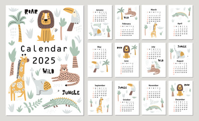 Calendar 2025 with tropical  animals. Hand drawn vector illustration