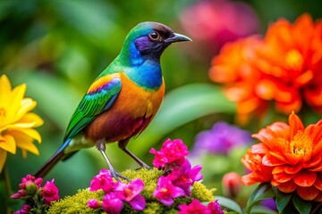 Fototapeta premium Colorful Birds in Their Natural Habitat Surrounded by Lush Greenery and Vibrant Flowers in Nature