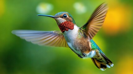 Fototapeta premium Hummingbird soaring in mid-air, wings fully extended, head angled to the side