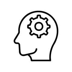 Cognitive processing icon with human head and gear in line art style