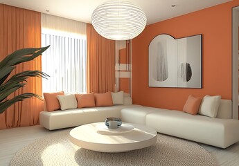 A minimalist living room with an earthy green wall and a contrasting orange sofa.