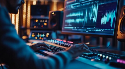 Professional audio engineer working in dimly lit recording studio, hands on mixing console, digital waveforms visible on computer screens, creating music.