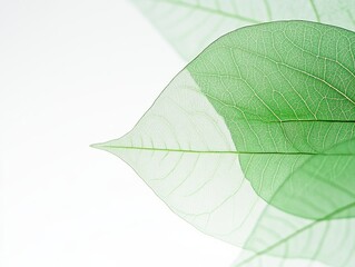Obraz premium A close-up of delicate green leaves displaying intricate vein patterns against a soft white background, symbolizing nature and freshness.