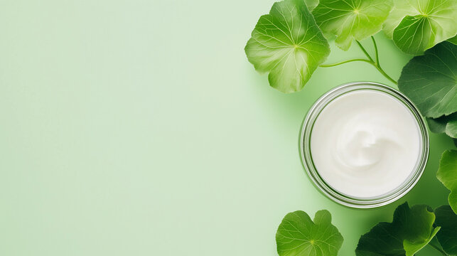 Top View Centella Asiatica, Gotu Kola Green Leaves with Jar of Cream Isolated on Green Background with Copy Space.