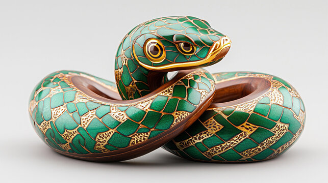 Gold and Green Wooden Serpent, Sculpture Chinese Lunar New Year Celebration, Snake Symbol, Festive Background with Copy Space.