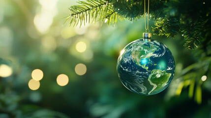 Eco-Friendly Christmas Ornament Shaped Like Mother Earth, Green Planet Ball Hanging, Christmas Eco-Awareness Design, Stop Overconsumption, Copy Space.