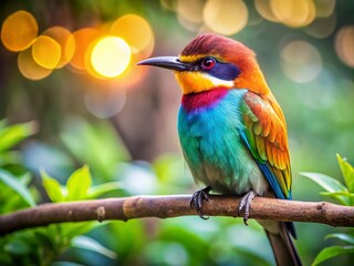 Obraz premium Colorful Buggie Bird perched on a branch in a lush green environment, showcasing its vibrant feathers