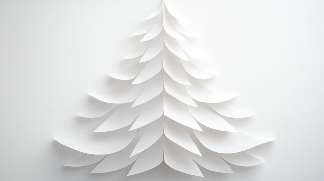 White Origami Christmas Tree Paper Cut Isolated on White Background, Cloud Dancer 3d Merry Christmas Cutout Postcard, Front View, Happy New Year.