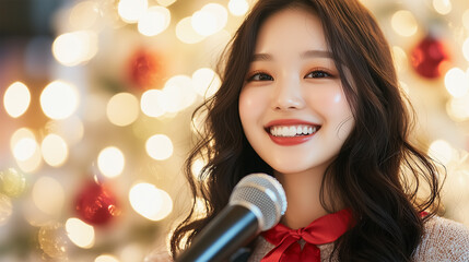 Happy Korean, Asian Woman in Santa Hat Singing Christmas Carols with Microphone, Joyful Karaoke Xmas Celebration.