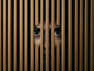 Obraz premium A haunting image showcasing a pair of intense eyes peering through wooden slats, evoking feelings of curiosity and unease.