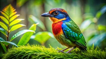 Obraz premium Colorful Camouflage Bird Blending into Natural Environment in Lush Green Forest Habitat