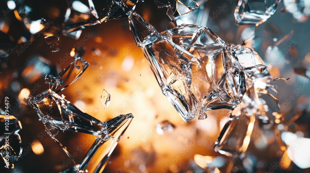 Poster shattered glass pieces hovering in space, creating an abstract, chaotic composition with sharp refle