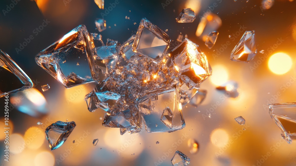 Poster shattered glass pieces hovering in space, creating an abstract, chaotic composition with sharp refle