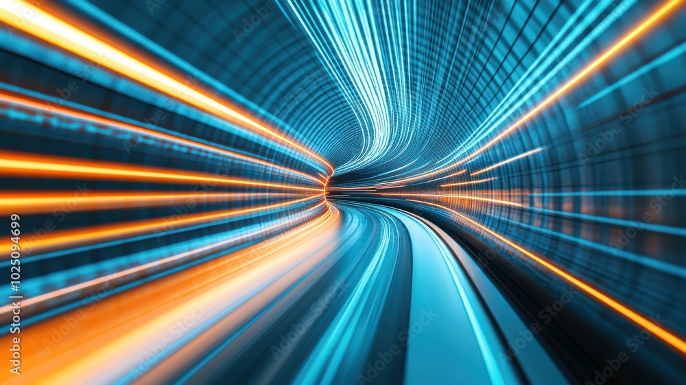 Aufkleber a dynamic abstract image showcasing vibrant blue and orange light trails in a curved motion, represe