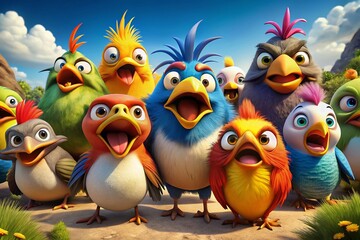 Colorful cartoon birds expressing anger in a humorous setting with exaggerated facial expressions