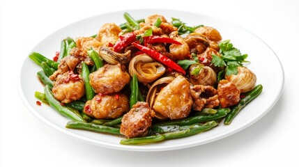 A plate of stir-fried tofu with green beans, chili peppers, and garlic.