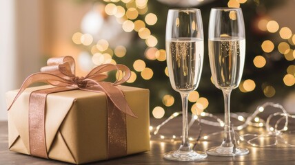 Two glasses of champagne, against a background of twinkling lights and Christmas decorations, a gift box next to it on the table.