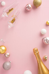 A festive vertical scene featuring a champagne bottle, glitter-filled glasses, and colorful ornaments on a pastel pink background, symbolizing a joyful celebration and new year festivities