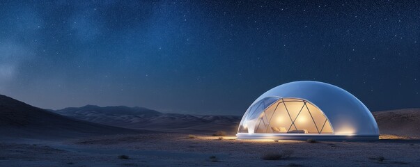 A futuristic dome structure illuminated under a starry night sky in a barren landscape, exemplifying modern architectural innovation.