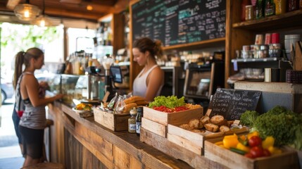 Fototapeta premium Countertop Display of Fresh Produce, Baked Goods, and Condiments in a Rustic Cafe
