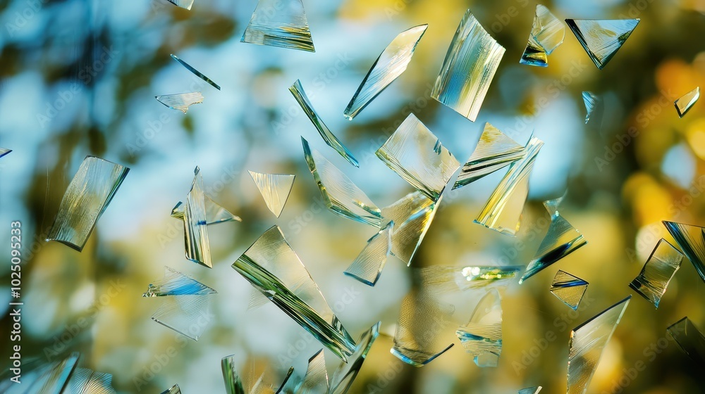 Poster suspended shards of broken glass with motion blur, giving the illusion of movement frozen in time, w