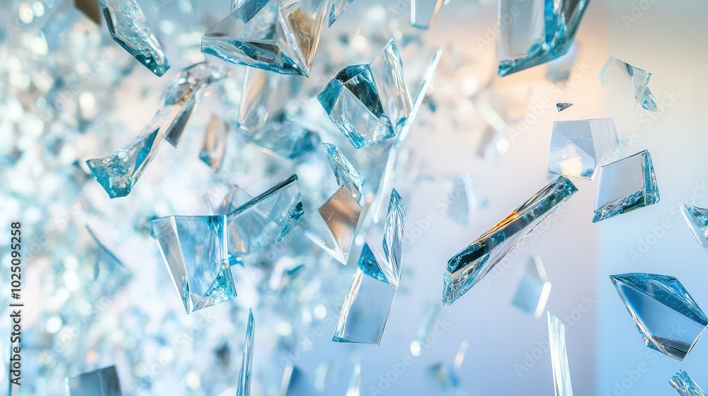 Poster suspended shards of broken glass with motion blur, giving the illusion of movement frozen in time, w