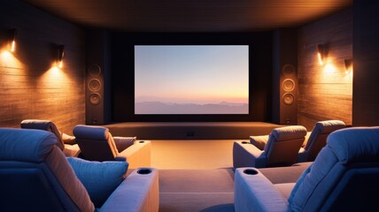 A modern home theater with comfortable seating, ambient lighting, and a large screen showcasing a beautiful sunset.