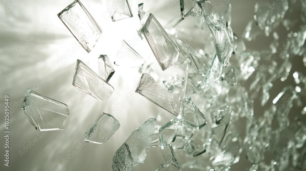 Poster tiny pieces of shattered glass suspended in air, backlit for maximum light refraction and casting ab