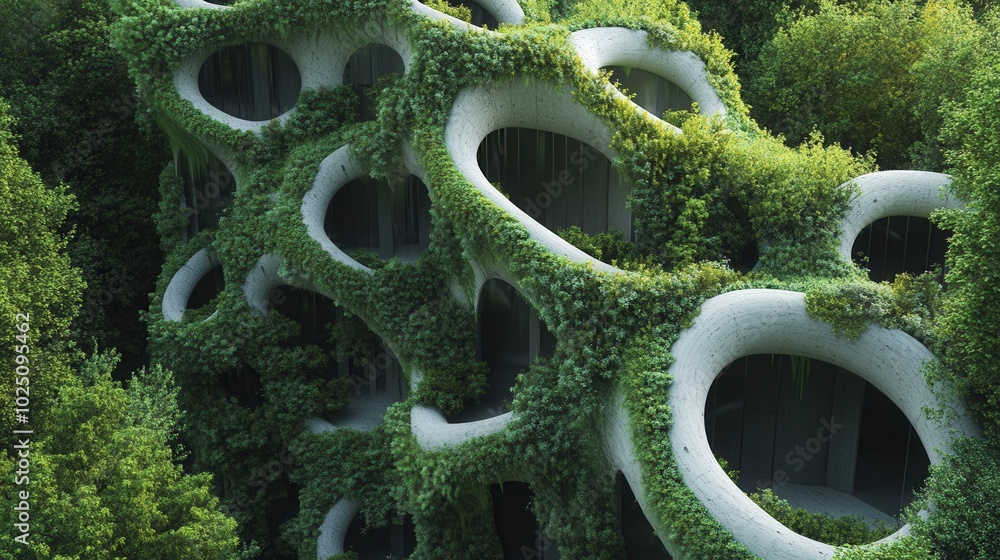Poster a bioengineered forest that grows into pre-designed shapes, forming natural buildings and structures