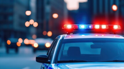 A close-up of a police car with flashing lights in a city setting during dusk, reflecting the urgency of law enforcement.