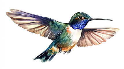 Fototapeta premium Hummingbird watercolor colorful birds illustration isolated white background. Summer clipart hand drawing tropical bird