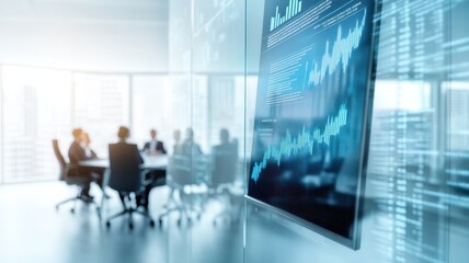 A modern conference room with a digital display showing data analytics and a team engaging in discussion.