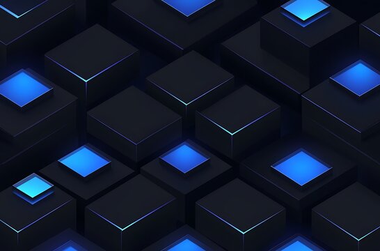 Dark background featuring a glowing blue cube pattern in vector format.