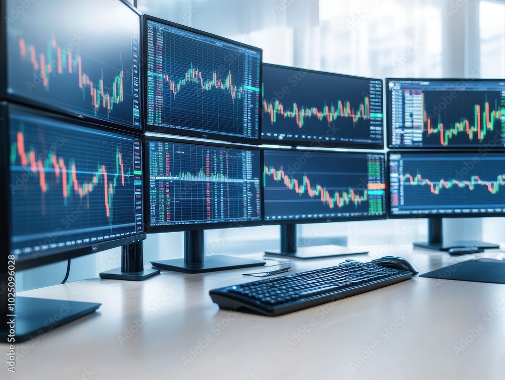 Aufkleber a modern trading desk featuring multiple screens displaying financial data and stock market graphs f