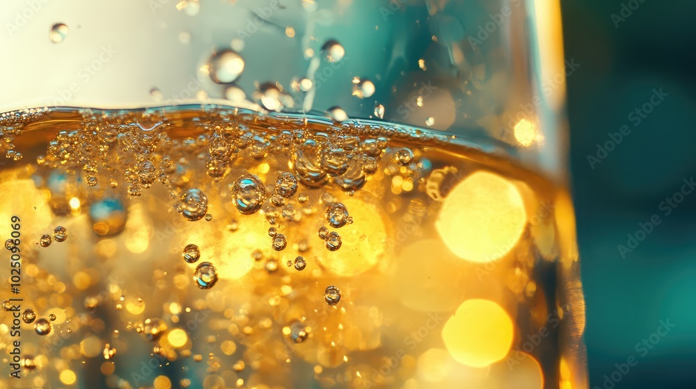 Poster a close-up of a glass filled with sparkling water, bubbles rising to the surface, reflecting light a
