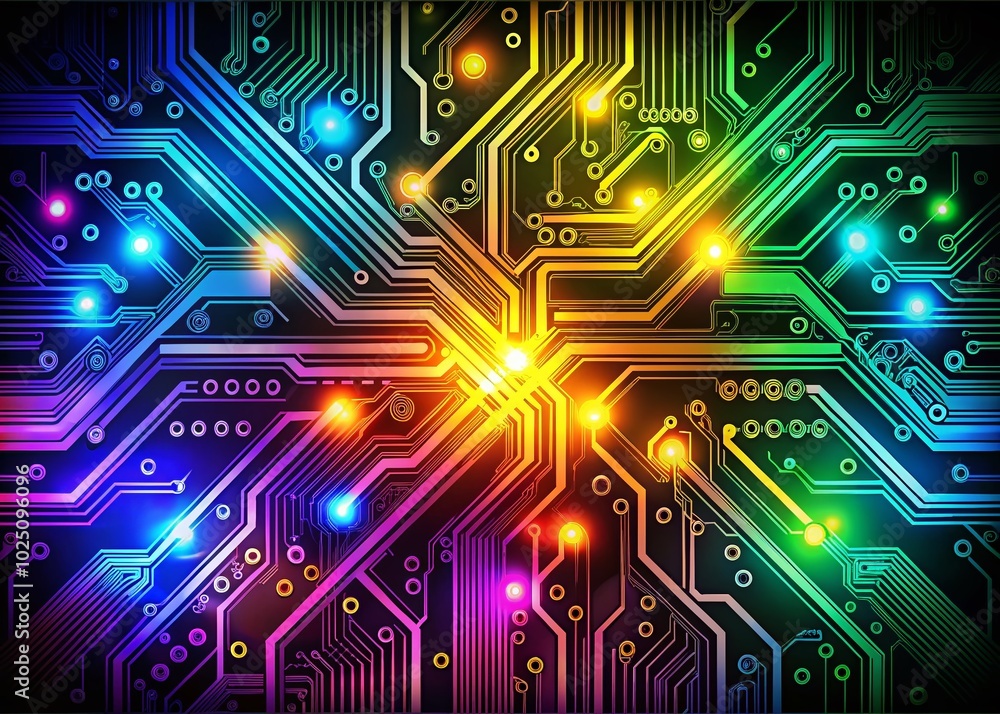 Poster colorful computer technology clipart with circuit patterns and digital elements for creative designs