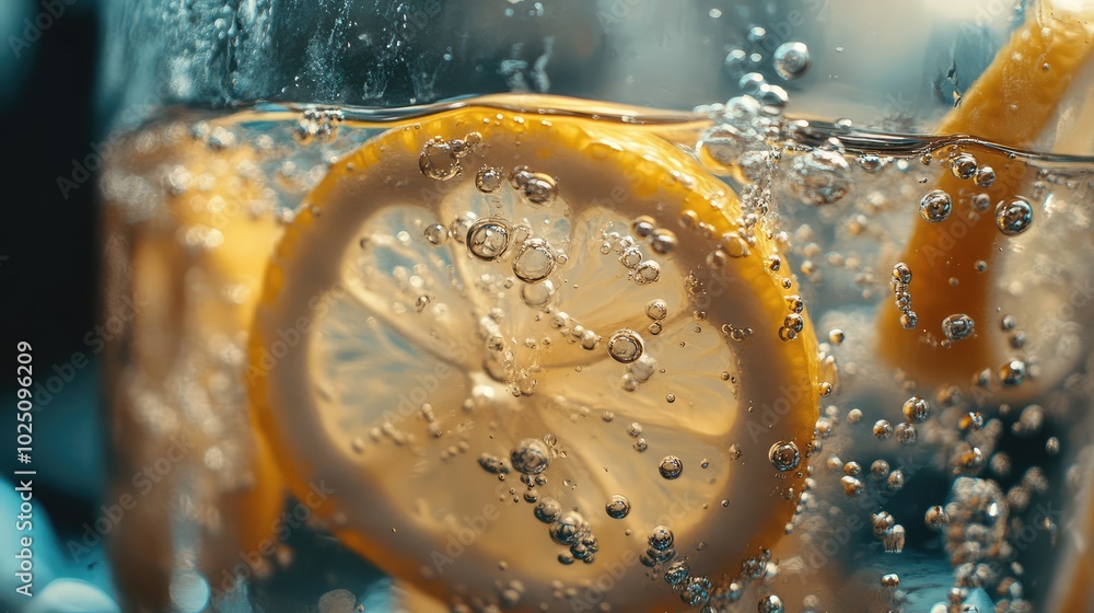 Poster a close-up of a glass of lemonade with bubbles rising and lemon slices floating inside, creating a r