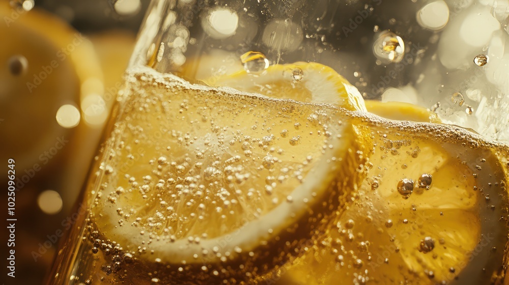 Poster a close-up of a glass of lemonade with bubbles rising and lemon slices floating inside, creating a r